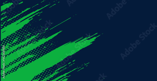 Green brushstrokes and halftone dots create a dynamic, textured pattern against a dark navy backdrop, providing a modern and vibrant visual with a sense of movement