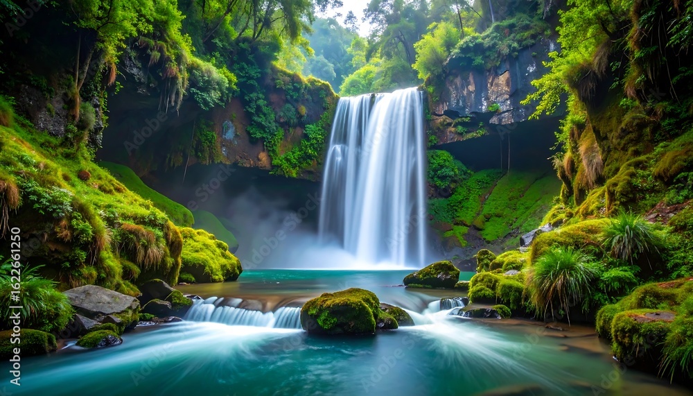 Fototapeta premium Waterfall cascading into natural water pool.
