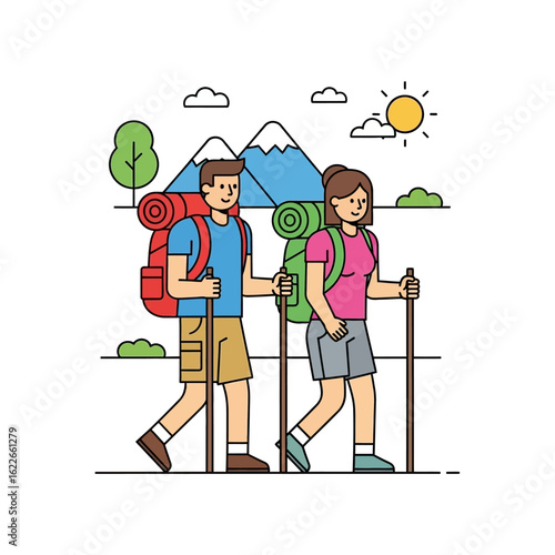 Flat vector illustration of a couple hiking with backpacks and walking sticks, summer travel concept, isolated on white background