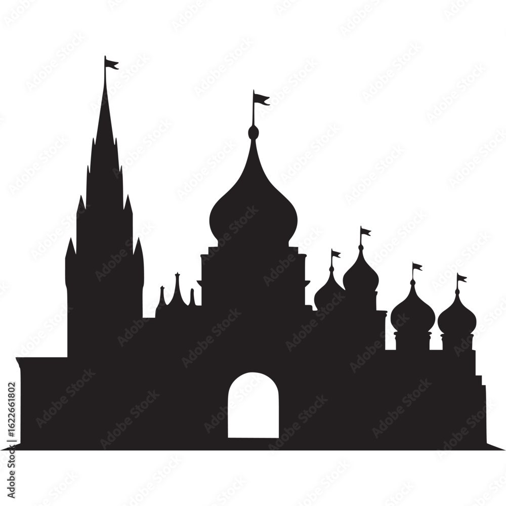 Obraz premium Black silhouette of a castle with domes and a tall spire on transparent background