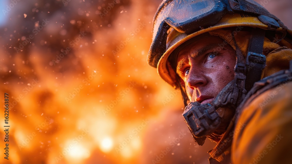 Obraz premium Low angle photo of firefighter, background building engulfed in blurred flames