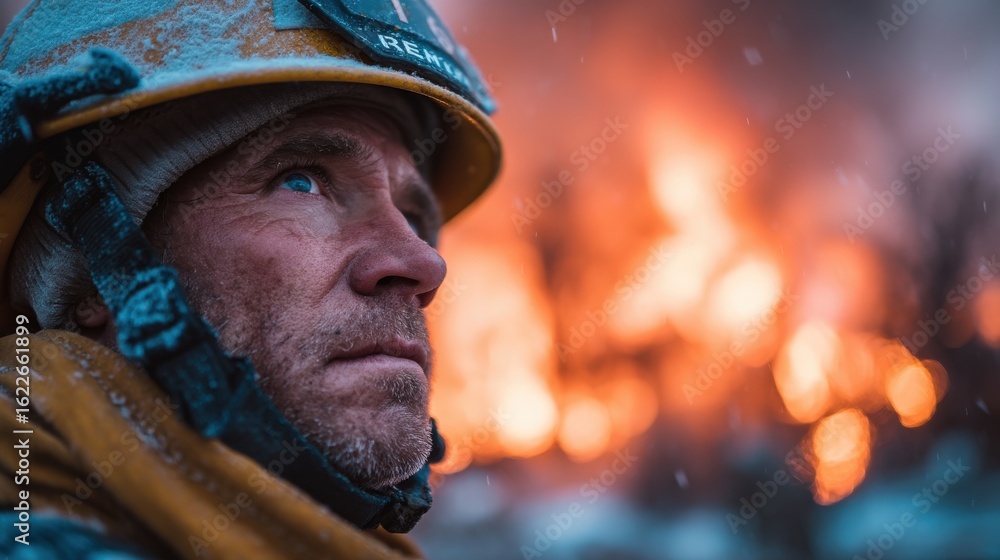 Low angle photo of firefighter, background building engulfed in blurred flames Low angle photo of firefighter, background building engulfed in blurred flames
