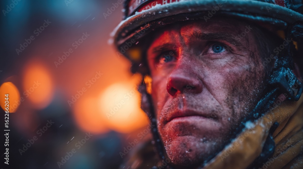 Obraz premium Low-angle portrait of firefighter, chaotic scene behind softened with blur