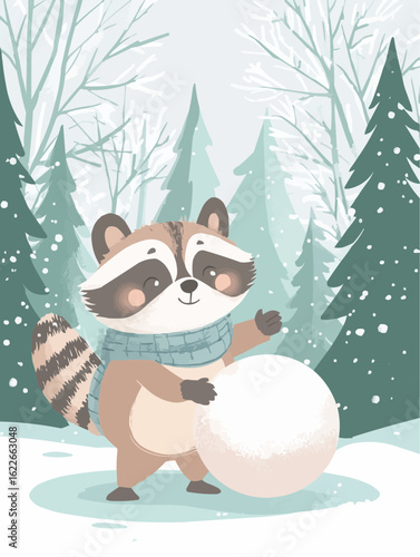 A cozy winter poster featuring a small raccoon in a scarf and mittens rolling a snowball in a soft snowy forest, perfect for nursery wall art or seasonal decor