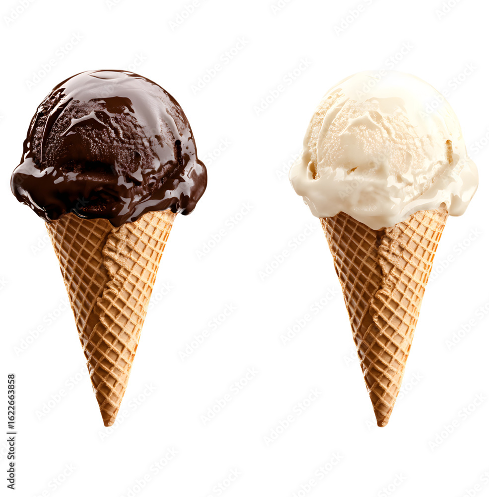 Two ice cream cones chocolate and vanilla isolated on transparent background Two ice cream cones chocolate and vanilla isolated on transparent background