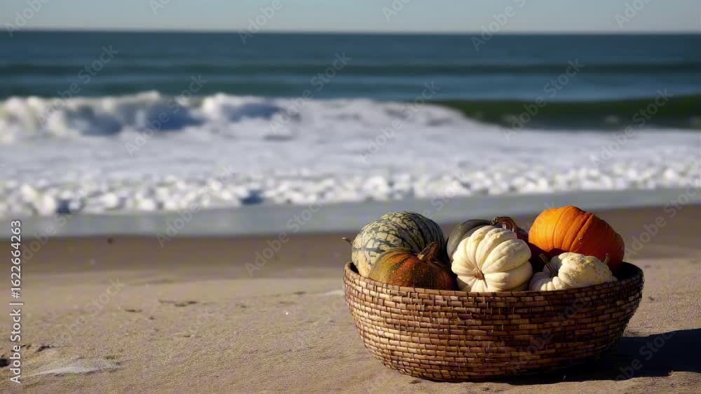 A wicker basket filled with colorful pumpkins and gourds sits on the sandy beach with gentle waves crashing in the background under a clear blue sky