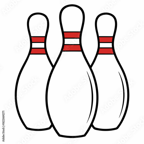Three white bowling pins with red stripes on a white background sport game