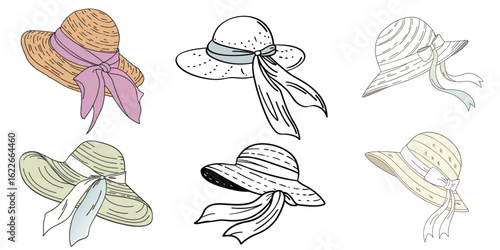 Hand-drawn Vector Set of Women’s Straw Hats with Ribbons