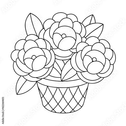 Bouquet of Peonies in a Basket, Each Flower Detailed Coloring Page