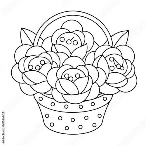 Bouquet of Peonies in a Basket, Each Flower Detailed Coloring Page