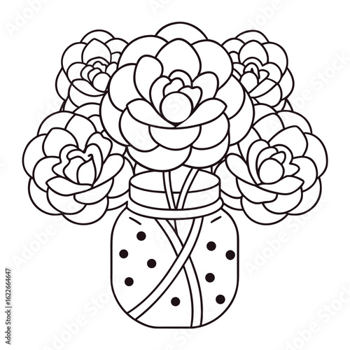 Bouquet of Peonies in a Glass Jar, Each Flower Detailed Coloring Page