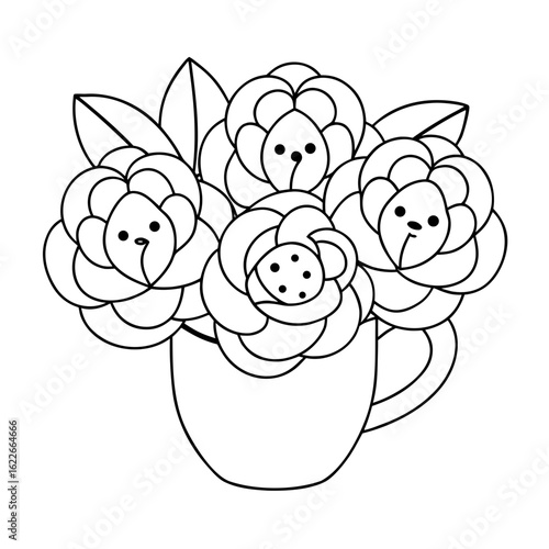 Bouquet of Peonies in a Mug, Each Flower Detailed Coloring Page