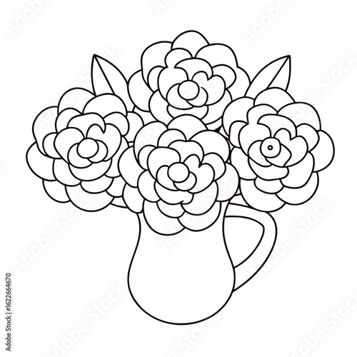 Bouquet of Peonies in a Pitcher, Each Flower Detailed Coloring Page