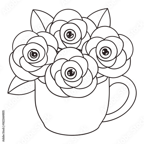 Bouquet of Roses in a Mug, Each Petal and Leaf Detailed Coloring Page