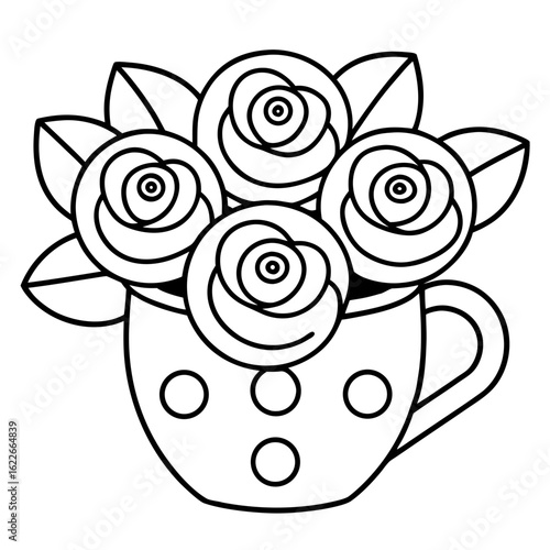 Bouquet of Roses in a Mug, Each Petal and Leaf Detailed Coloring Page
