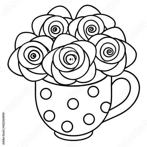 Bouquet of Roses in a Mug, Each Petal and Leaf Detailed Coloring Page