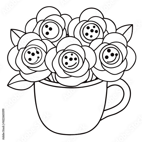 Bouquet of Roses in a Mug, Each Petal and Leaf Detailed Coloring Page