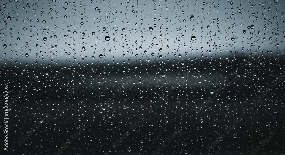 Obraz premium Raindrops cover a window blurring a grayscale landscape behind