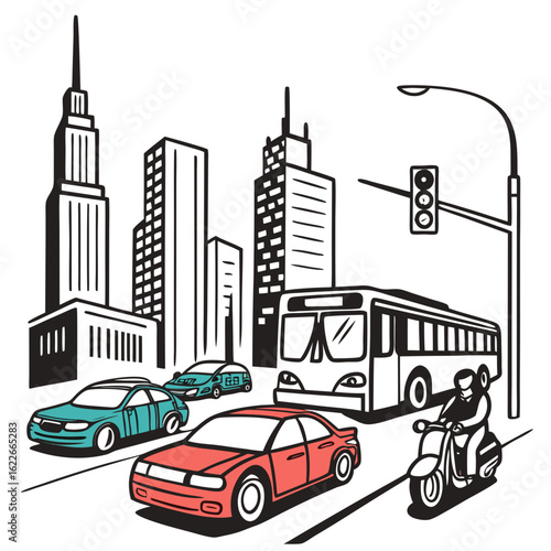 City traffic scene with cars bus and scooter
