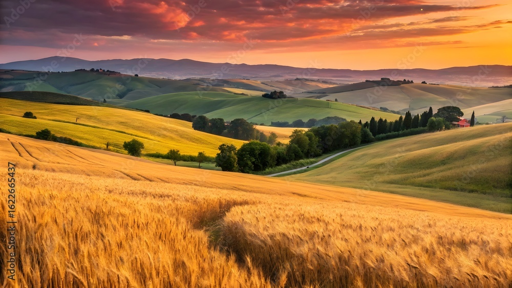 Fototapeta premium Golden Wheat Field Bathed in Warm Sunset Light Over Rolling Hills Landscape