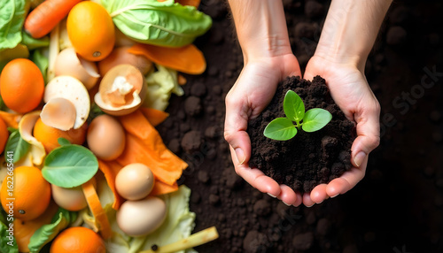 Hands Holding Soil with Sprout, Organic Waste and Eggs