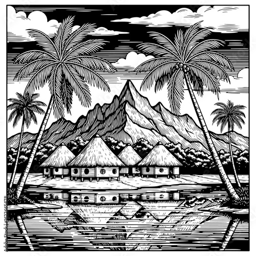 Tropical Island Village with Thatched Huts and Palm Trees Reflected in Water thatched roofs