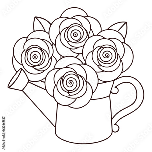 Bouquet of Roses in a Watering Can, Each Flower Detailed Coloring Page