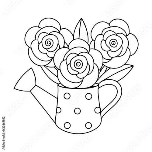 Bouquet of Roses in a Watering Can, Each Flower Detailed Coloring Page