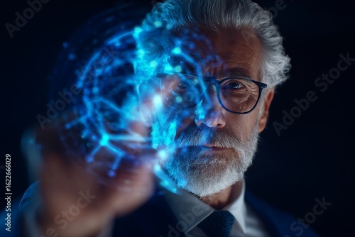 Visionary leader exploring advanced technology and data visualization, ready to lead in a modern tech environment