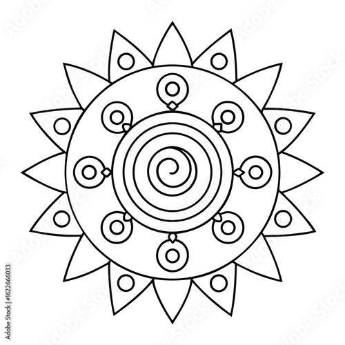 Circular Mandala with Repeating Arrow and Swirl Patterns Coloring Page