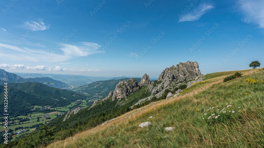 Fototapeta premium Scenic view of rocky hills and lush valley