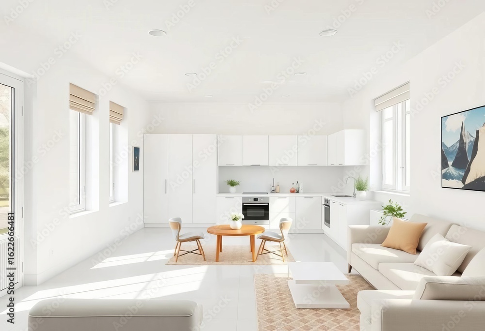 Fototapeta premium Bright, airy all-white renovated apartment with new kitchen & bath, living room, white paint