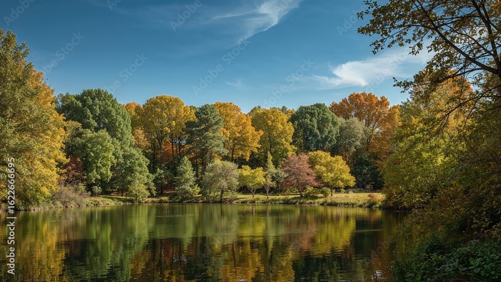 Fototapeta premium Autumn scene with colorful foliage by a lake under a clear sky