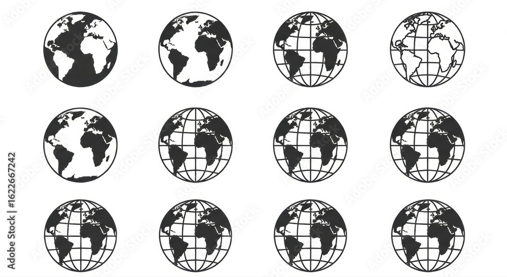 Obraz premium Dynamic collection of twelve globe icons showcasing continents and countries, perfect for global business and travel concepts