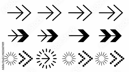 Illustration showing different arrow designs including double arrows and radiating arrows in black and white | editable eps vectors silhouette