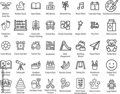 Toy Icons Vector Set, Line Art Illustration. Isolated.