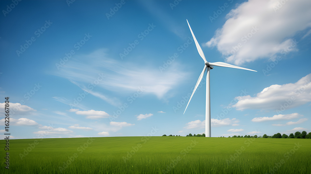 Obraz premium Low-Angle View of Wind Turbine In the Day with Clear Sky, Onshore Wind Farm, Wind Energy, Sustainable Energy