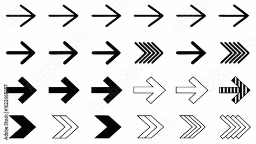 Presentation of various black and white arrow designs pointing right in multiple rows and varied styles | editable eps vectors silhouette