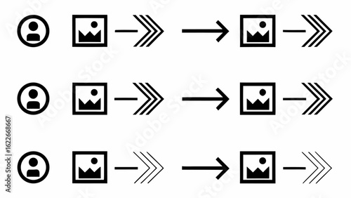 Illustration showing a user icon followed by images and arrows in a sequential process flow diagram | editable eps vectors silhouette