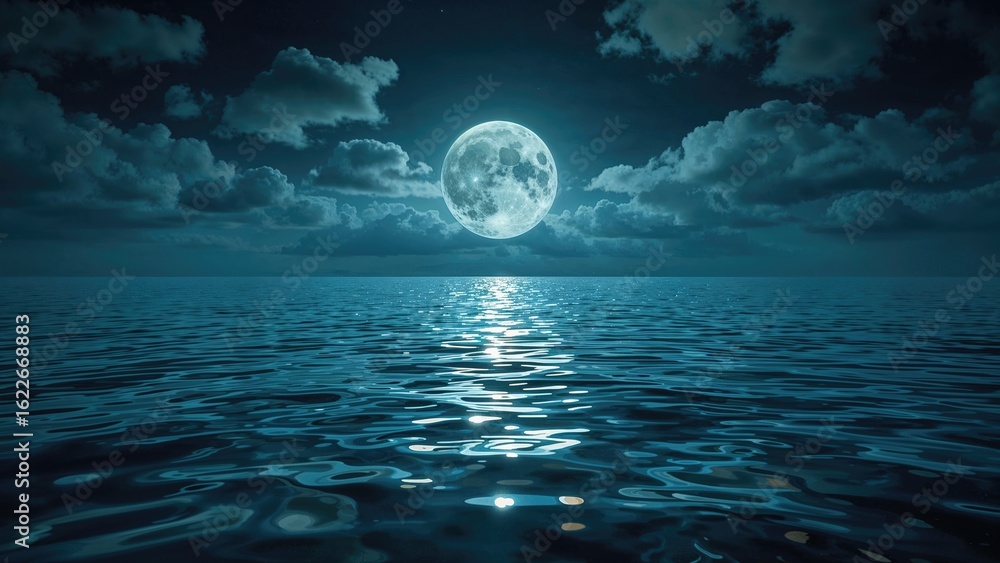 Fototapeta premium Dreamlike painting showing a bright full moon's reflection on the sea