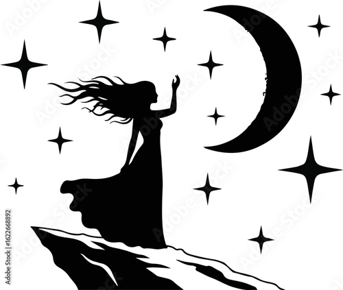 Silhouette of a woman reaching for the moon and stars