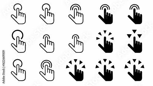 Illustration of multiple hand cursor icons in different styles, pointing upwards with varying indicators | editable eps vectors silhouette