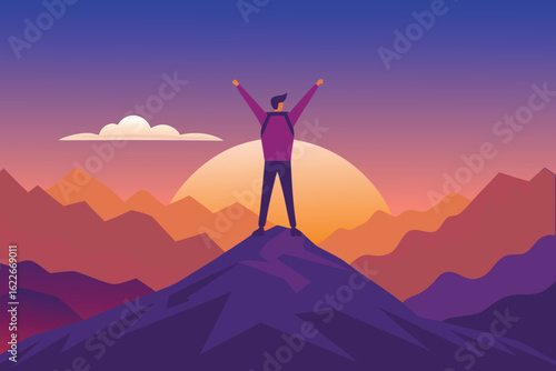 Illustration of Hiker on Mountain Peak with Arms Raised at Sunset Background