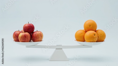 This phrase about apples and oranges explains the disparity between things that aren't comparable, depicted by two groups of these fruits balanced on a scale.