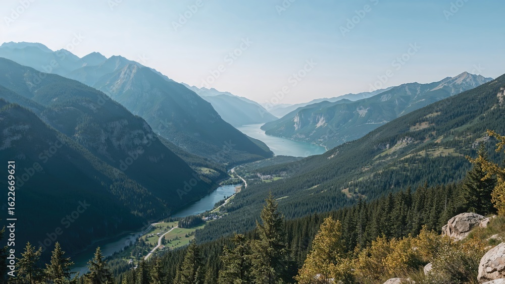 Fototapeta premium Mountainous region with an extensive lake in the foreground