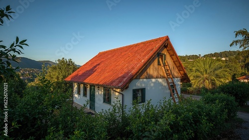 Wallpaper Mural Freshly Built Dwelling with Red Shingles and Ladder in a Village Torontodigital.ca