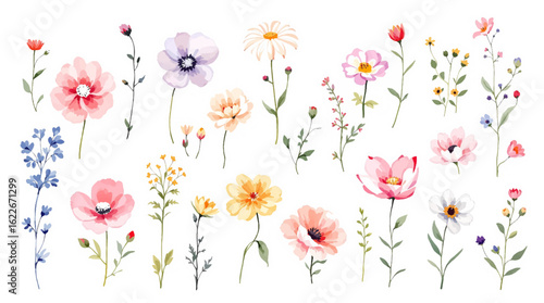 Delicate watercolor flowers and fluttering butterflies create a vibrant floral background in this artistic garden scene