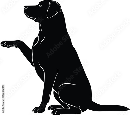 Silhouette of Labrador retriever raising paw, perfect for pet obedience, canine behavior, training illustration, black dog, animal education, vector