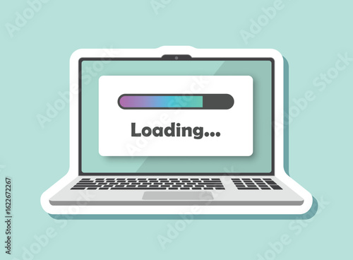 Laptop loading process sticker icon in flat style. Software update vector illustration on isolated background. Updating sign business concept.