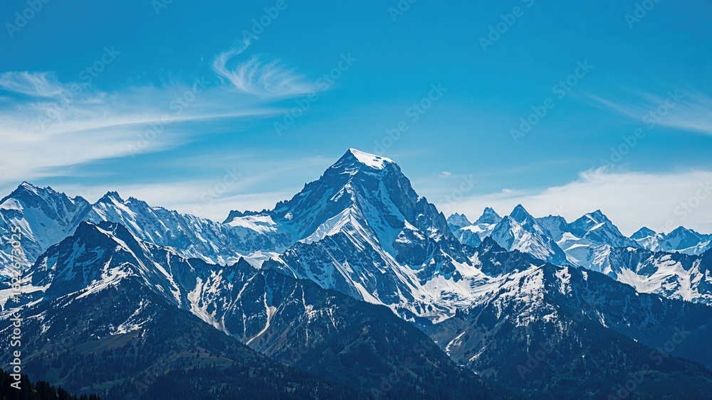 Fototapeta premium Snow-covered peaks beneath a clear blue sky in a natural landscape